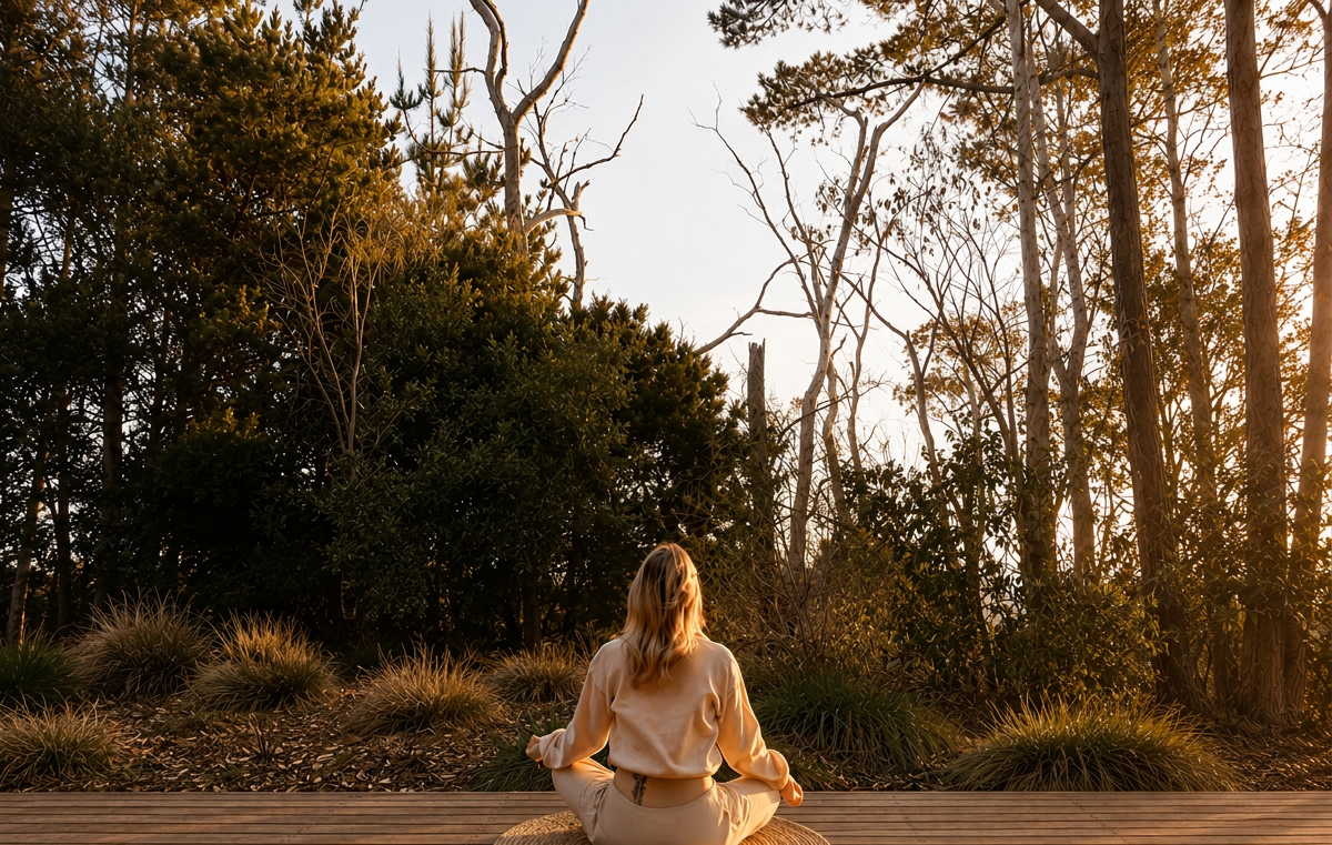 A woman sitting quietly on a wooden deck at golden hour, surrounded by native Australian trees